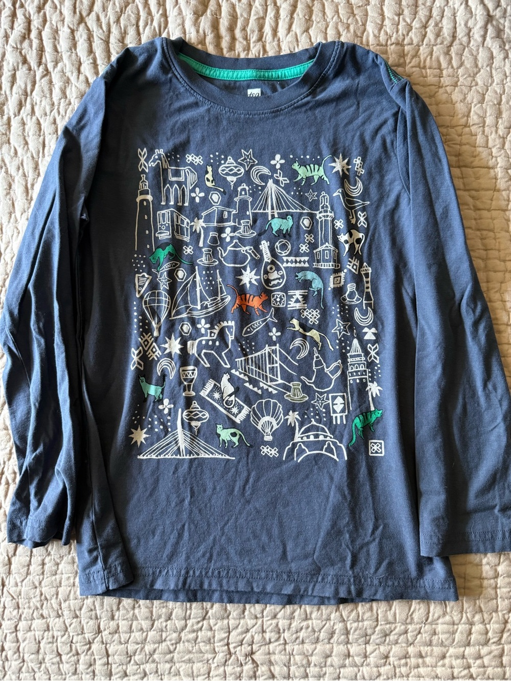 Tea Collection Kids Navy Long-Sleeve City Cats Graphic Blue/Green Accents